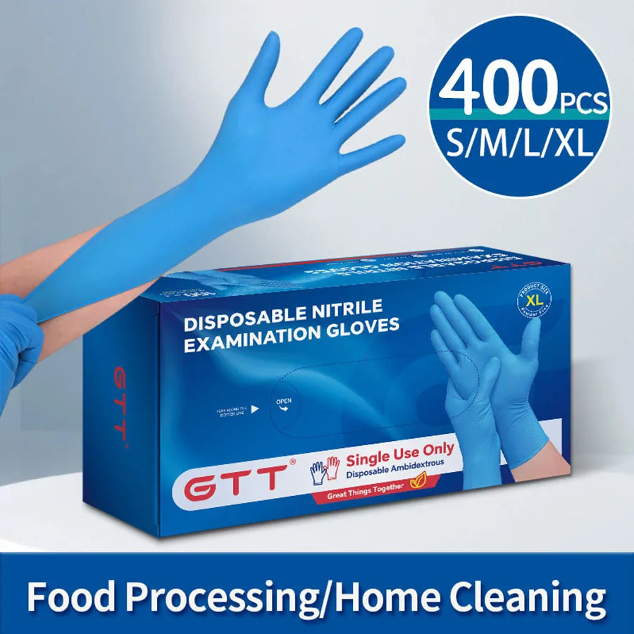 Box of 400 disposable blue nitrile examination gloves with a hand wearing one.
