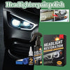 A bottle of headlight repair polish and a kit for headlight restoration are shown next to a car headlight.