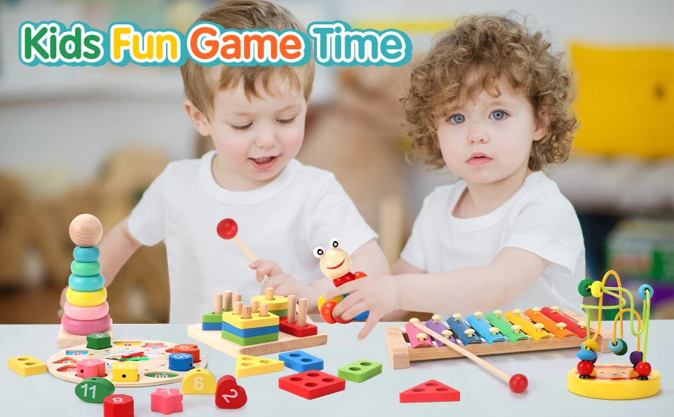 A collection of colorful wooden puzzles and blocks for kids playing together.
