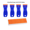 A set of four blue plastic scrapers with replaceable blades and one orange razor blade scraper.