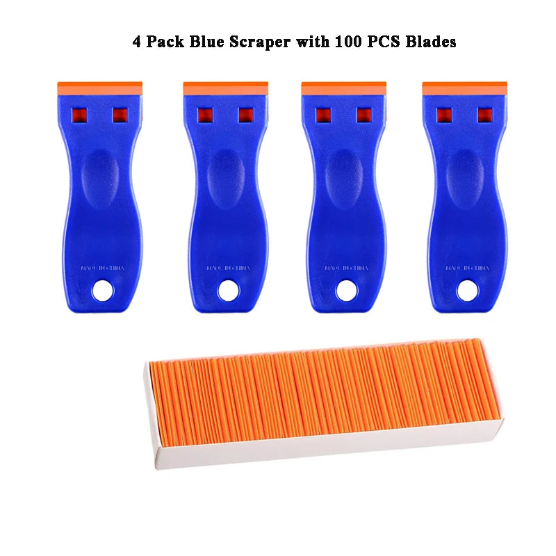 A set of four blue plastic scrapers with replaceable blades and one orange razor blade scraper.