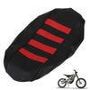 Black and red striped protective PVC seat cover for a motorcycle or e-bike.