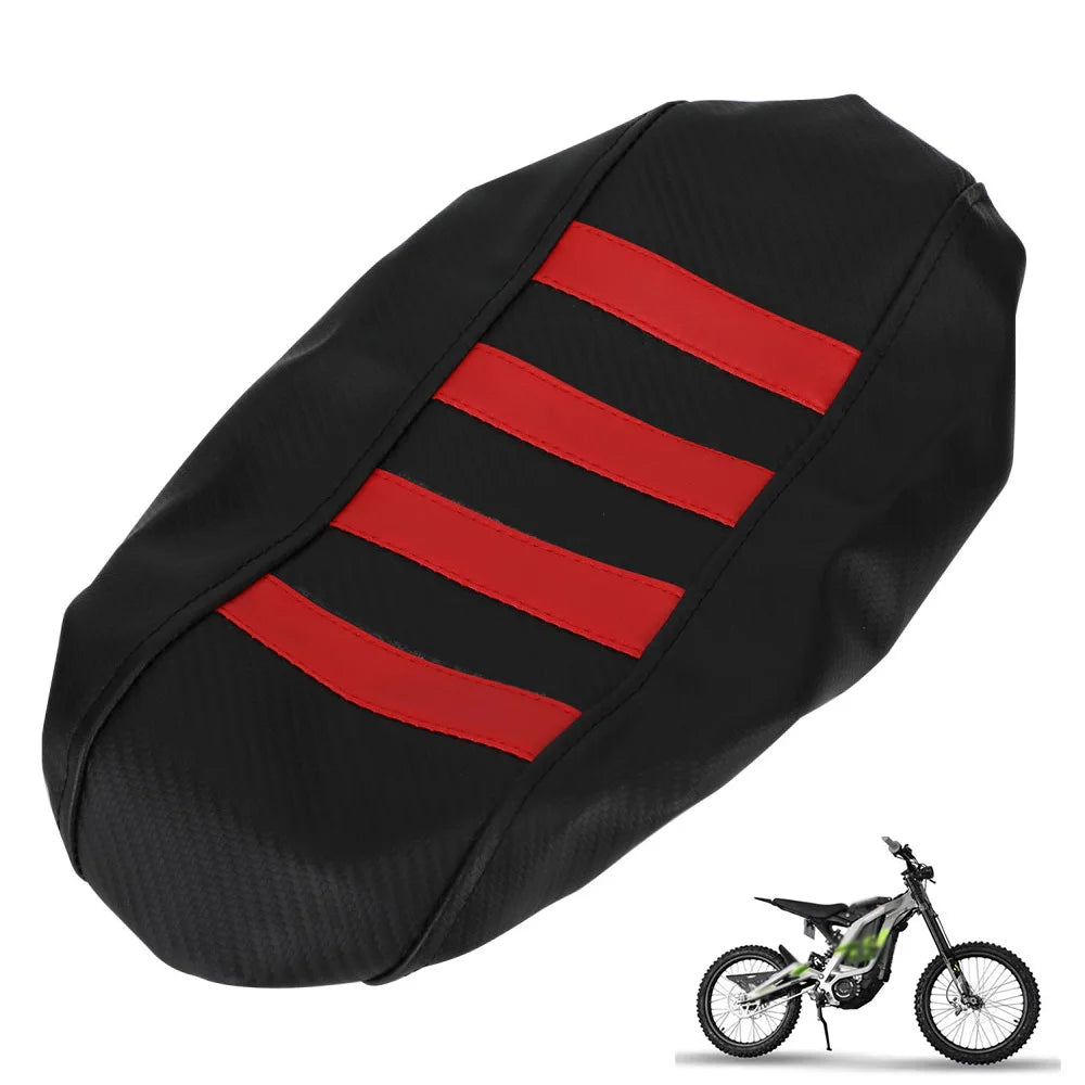 Black and red striped protective PVC seat cover for a motorcycle or e-bike.