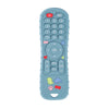 A light blue silicone baby teether toy shaped like a TV remote control with various buttons and features.
