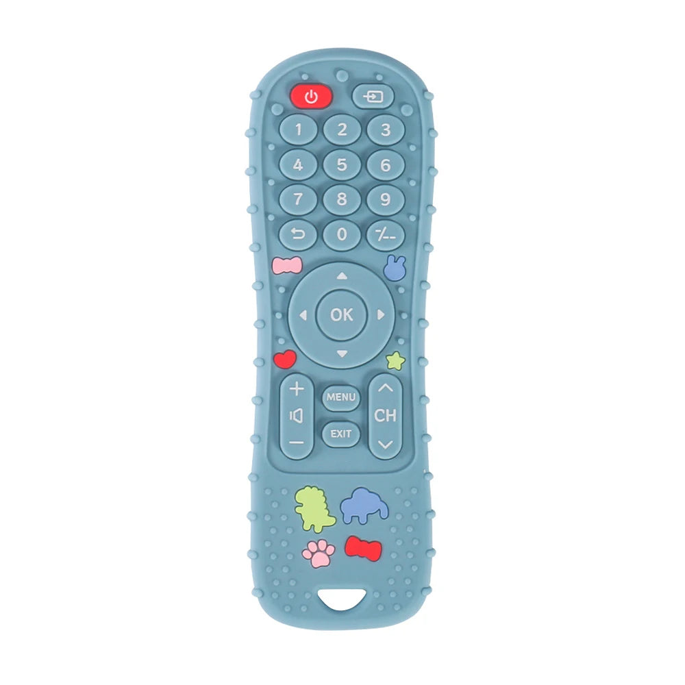 A light blue silicone baby teether toy shaped like a TV remote control with various buttons and features.