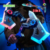 A person holds a glowing blue and pink 2-in-1 light-up sword and axe toy with sound effects.