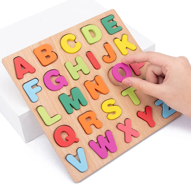 A wooden alphabet puzzle board showing colorful letters A through Z for toddlers
