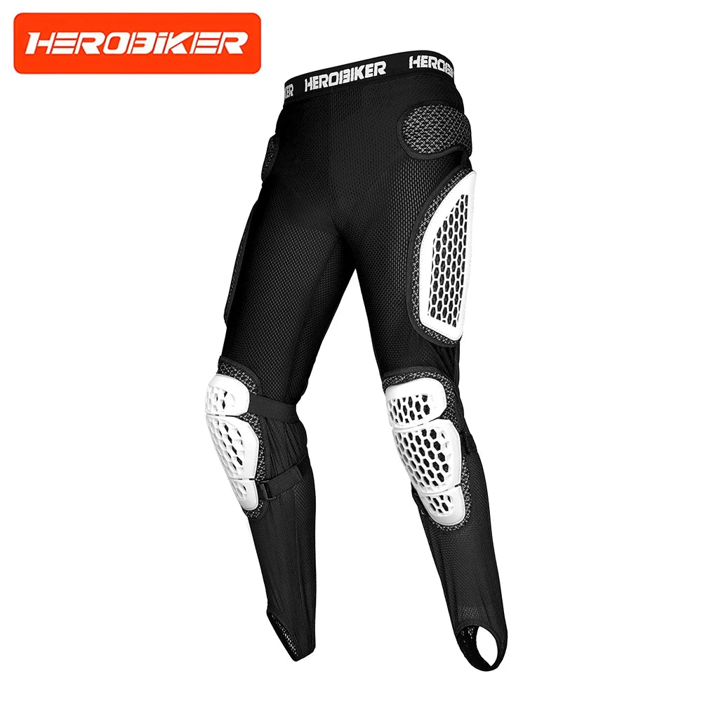 Black motocross armor pants featuring white mesh protection on the thighs and knees.