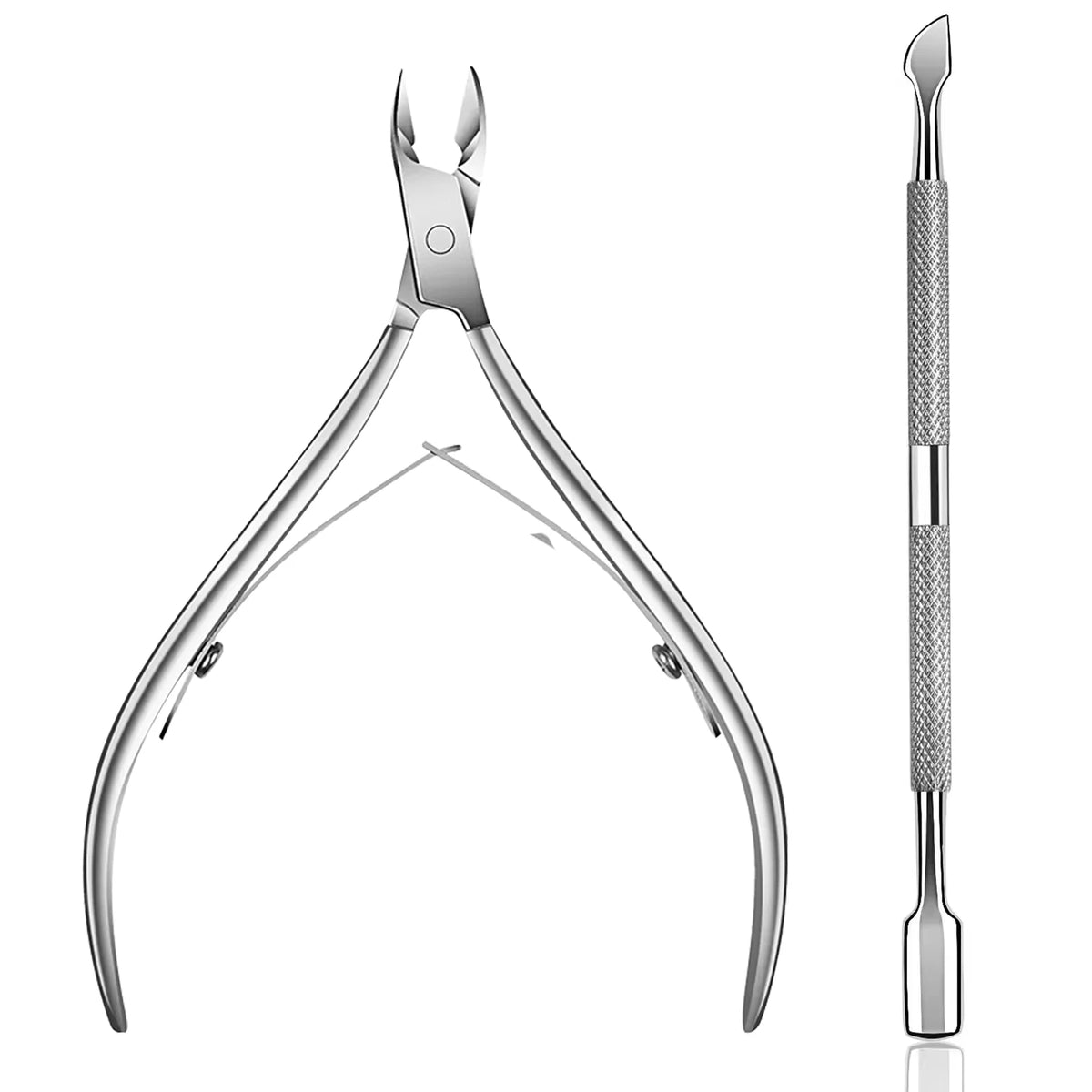 A professional stainless steel manicure kit featuring a cuticle trimmer and pusher tool.
