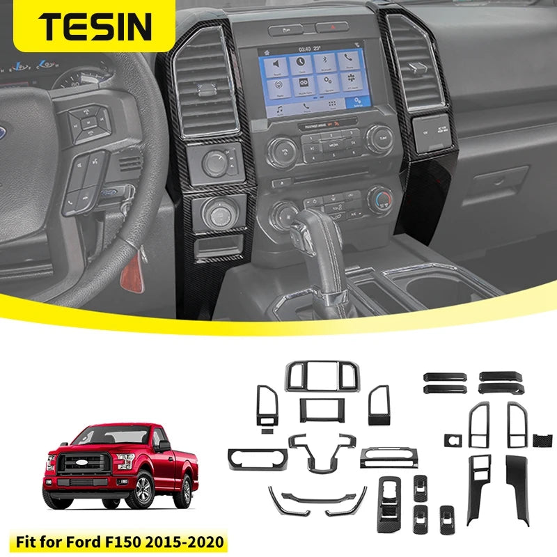 Carbon fiber grain center console trim cover for Ford F-150 2015–2020 featuring various interior parts.