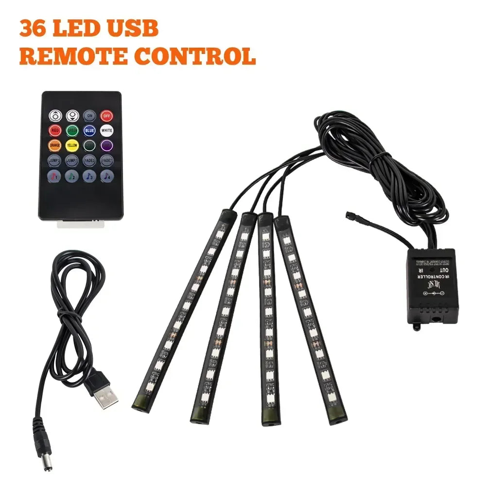 A set of 36 LED USB remote control lights and a power cable for car underglow strips.