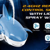 A blue shark remote control toy with light and spray water features is shown against a dark background.