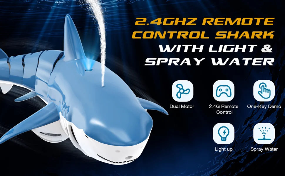 A blue shark remote control toy with light and spray water features is shown against a dark background.