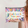 A pink canvas storage pouch filled with various charging cables and chargers.