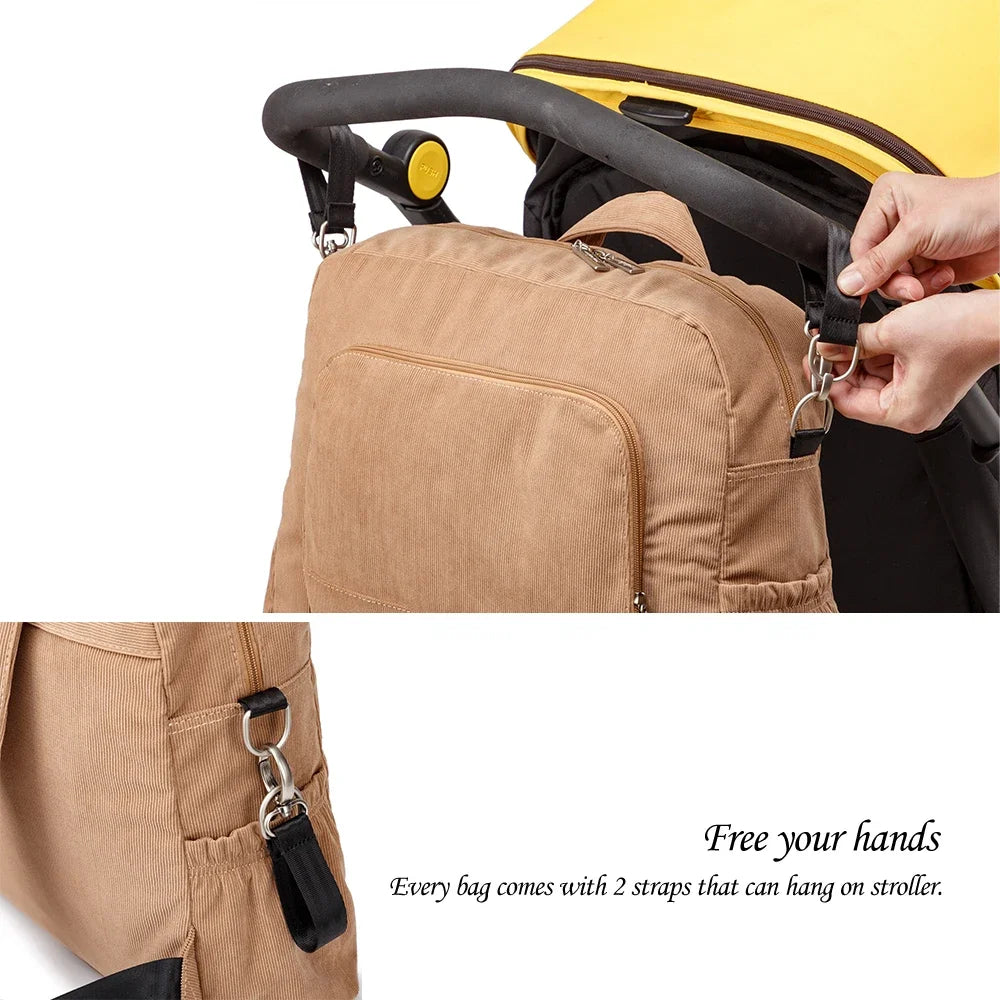 Soft Corduroy Diaper Backpack with Large Capacity