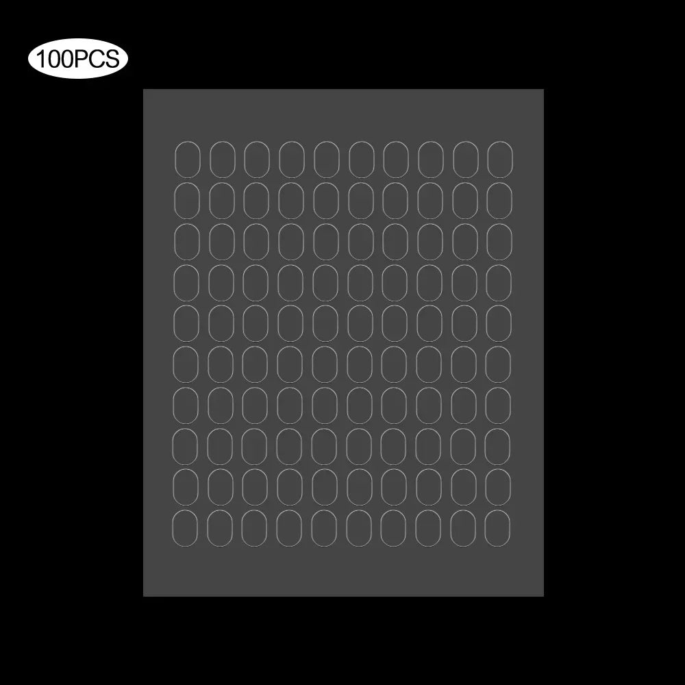 A sheet of double-sided transparent adhesive patches, showing a grid pattern of small circular holes.