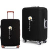 Black elastic suitcase protective cover featuring a white daisy print and silver handle.
