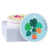 A circular tag featuring a green Monstera plant in an orange pot on a light blue background, next to a stack of white sponges