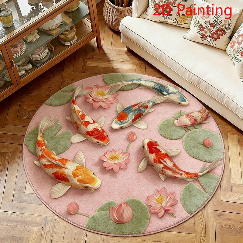 Round plush rug with a pink background featuring colorful koi fish and green leaves