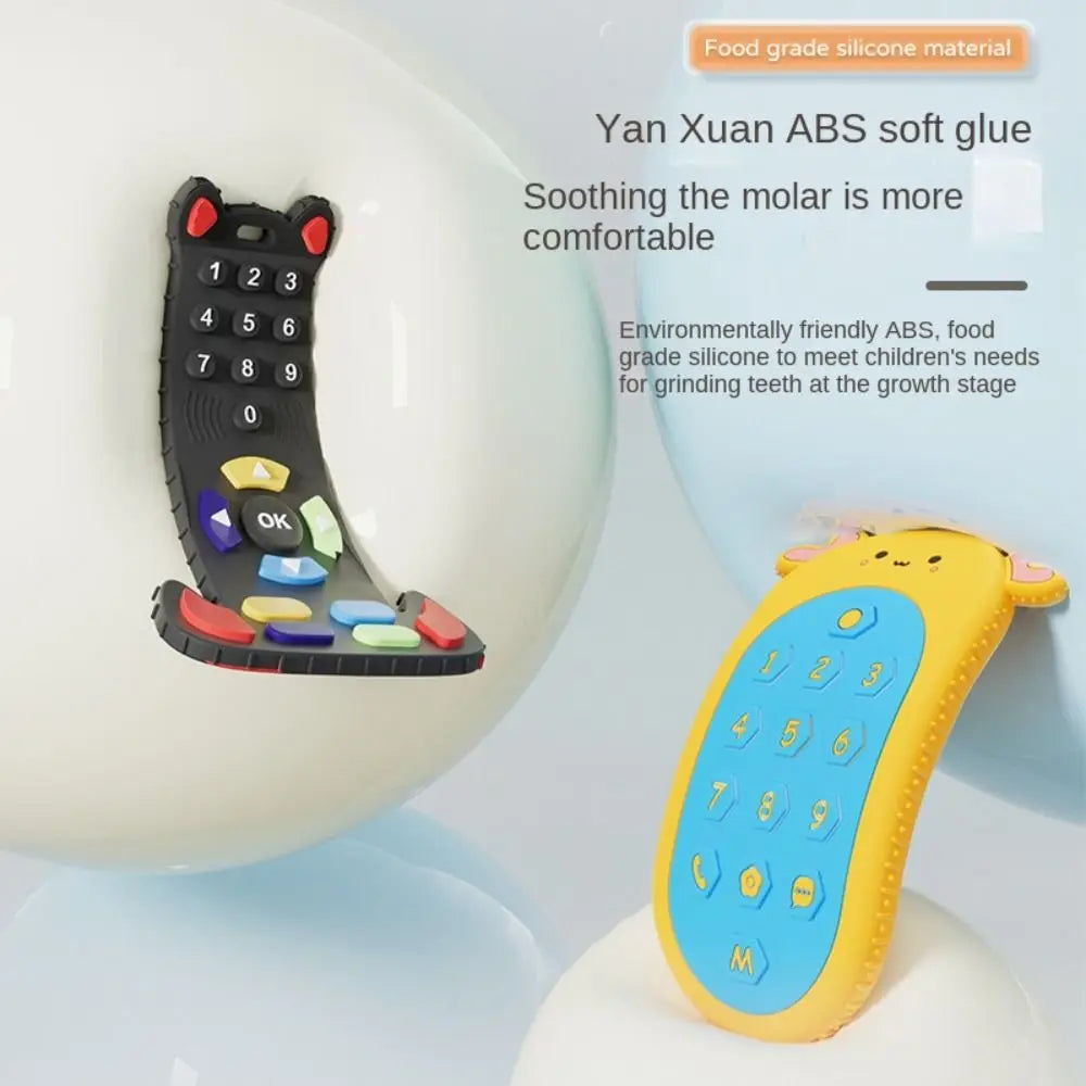 A yellow silicone teether toy with buttons is shown next to a white ball, designed for soothing a baby's molar.