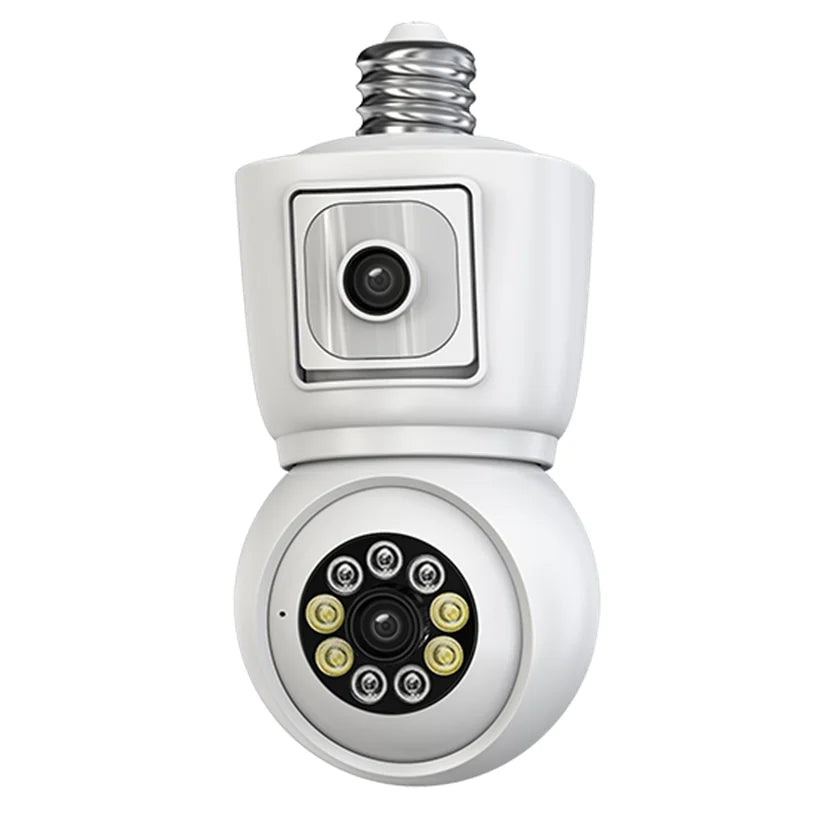 A white smart WiFi security camera with a bulb base, featuring a main lens and multiple auxiliary lenses.