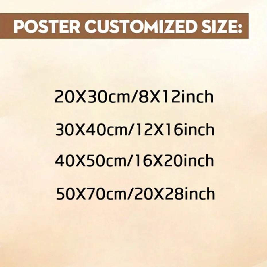 Liste anpassbarer Postergrößen: 20x30cm, 30x40cm, 40x50cm und 50x70cm.