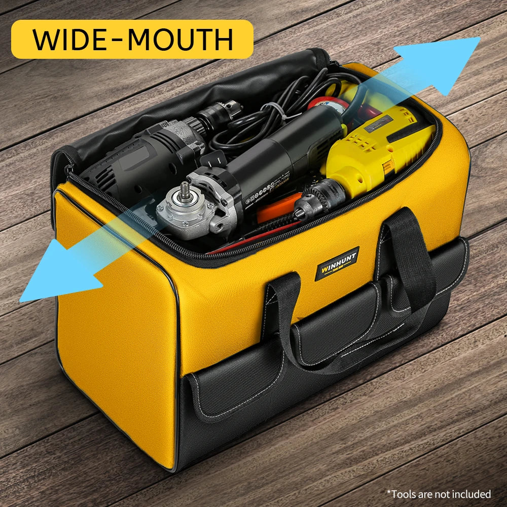 A yellow tool bag is open, showing various power tools and accessories inside.