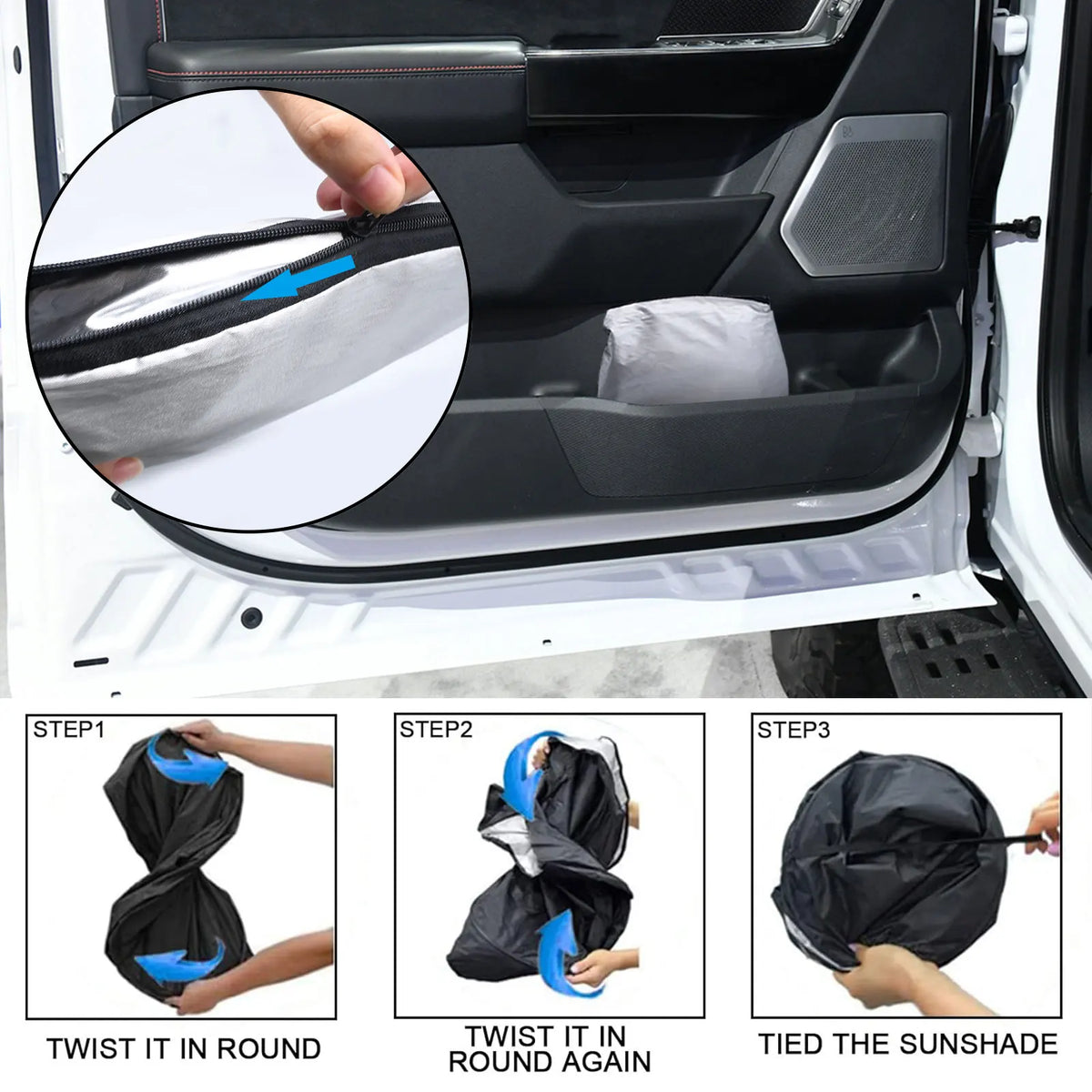 Instructions for twisting a Ford F150 windshield sunshade into round shapes for UV protection and heat reduction.
