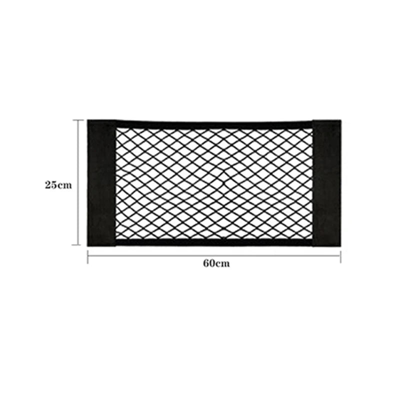 Black elastic mesh storage organizer for a car seat back, measuring 60cm by 25cm.