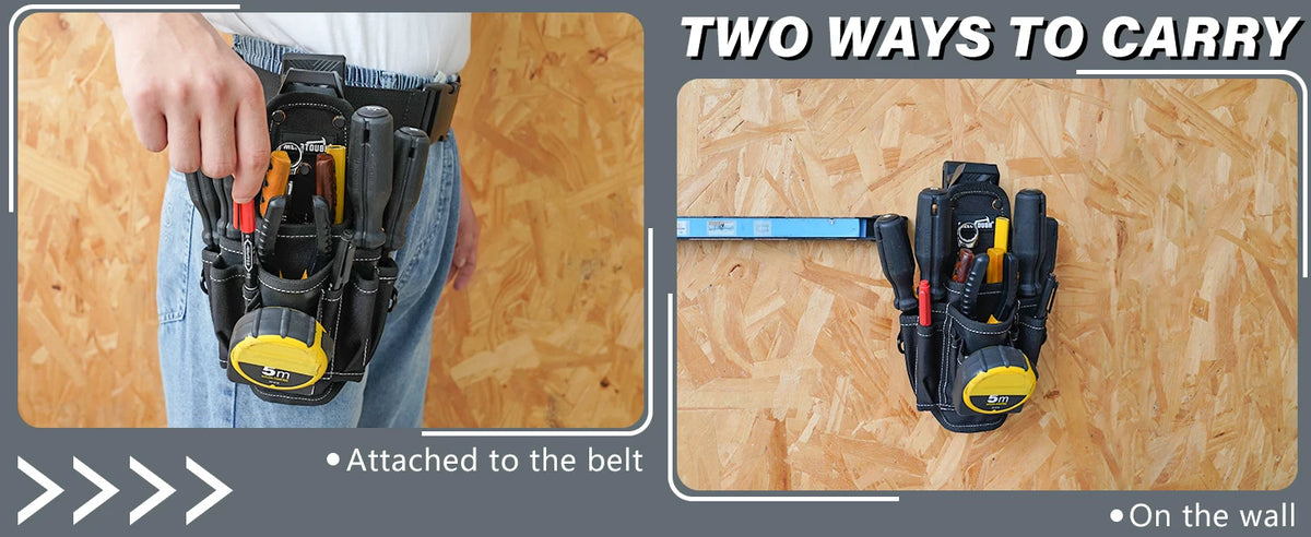Two ways to carry a heavy-duty tool pouch: attached to the belt or on the wall.