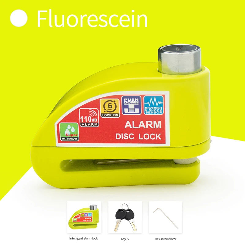 Freno de disco amarillo con alarma de movimiento incorporada y llave.