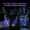 A mini UV flashlight is shown illuminating a 100 dollar bill, a paw print, and a circuit board.