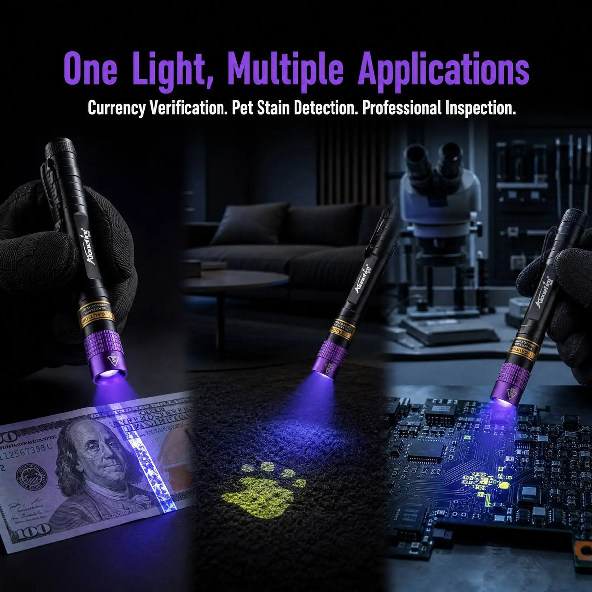 A mini UV flashlight is shown illuminating a 100 dollar bill, a paw print, and a circuit board.