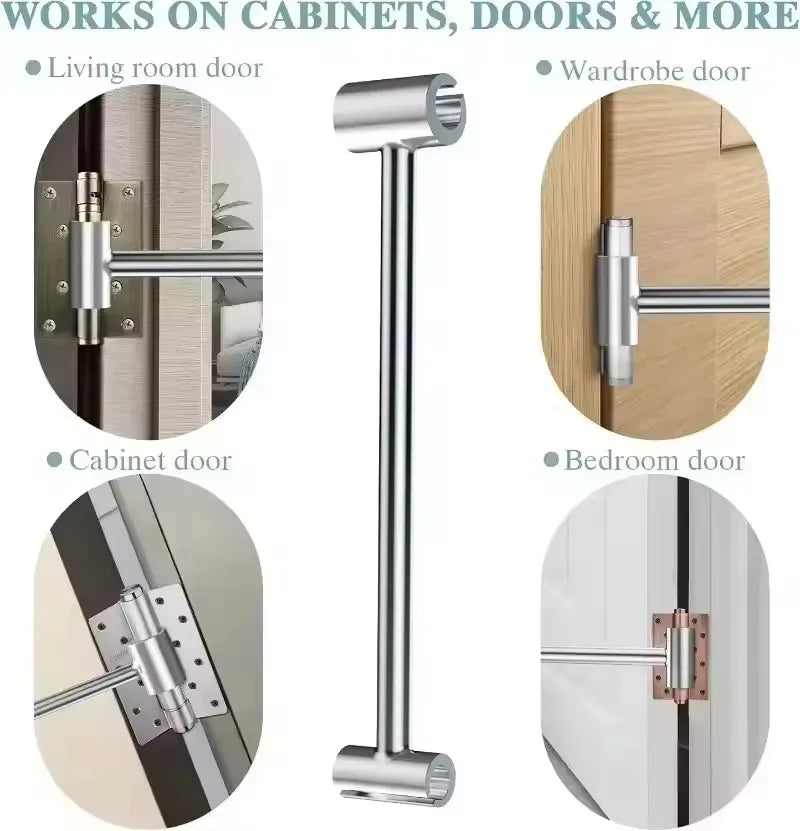 A collection of door and cabinet hardware, including a door handle, cabinet door, and bedroom door.