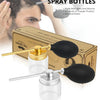 A set of portable powder spray bottles with glass and silicone applicators shown next to a cardboard box.