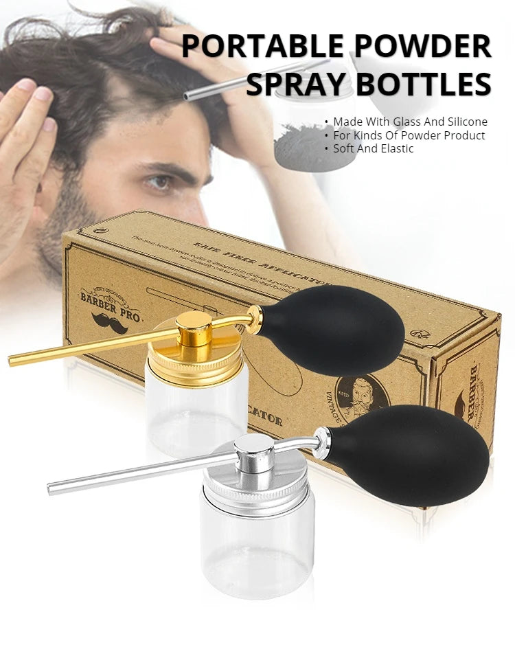 A set of portable powder spray bottles with glass and silicone applicators shown next to a cardboard box.