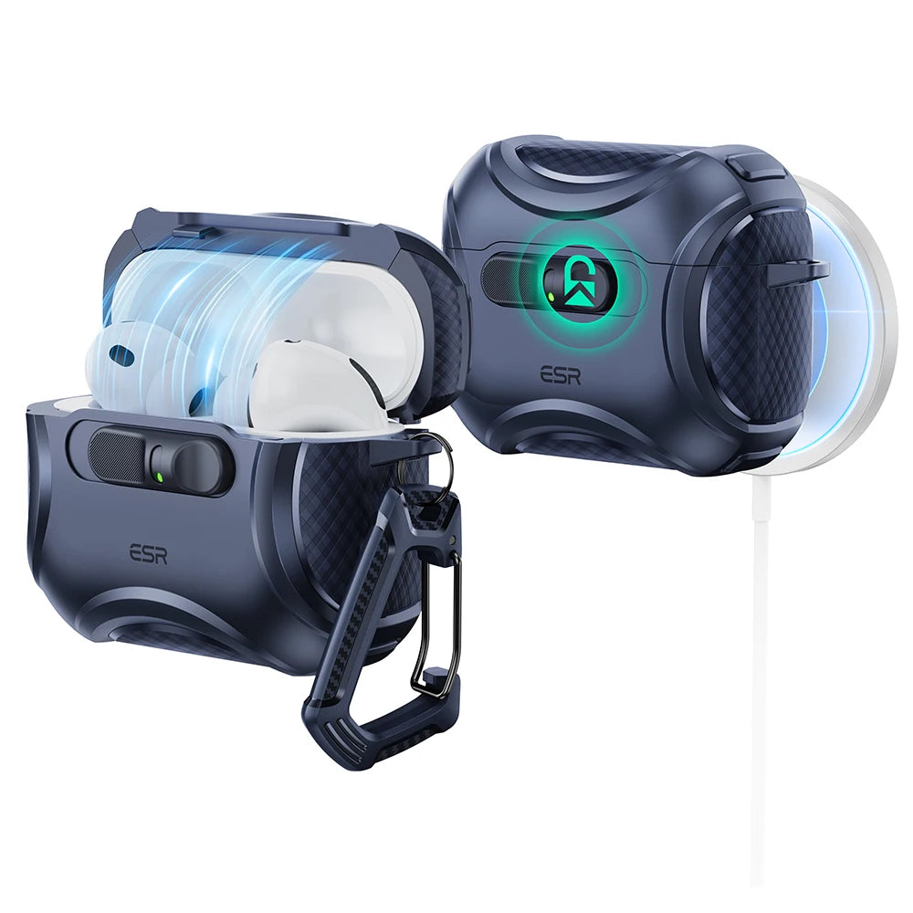 A dark blue and black case for AirPods Pro 3 featuring a secure magnetic lock and drop protection.