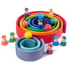 A colorful wooden rainbow stacking block set with various colored spheres and wooden figures.