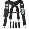 Black magnetic tool belt suspenders with phone holder for securing tools.
