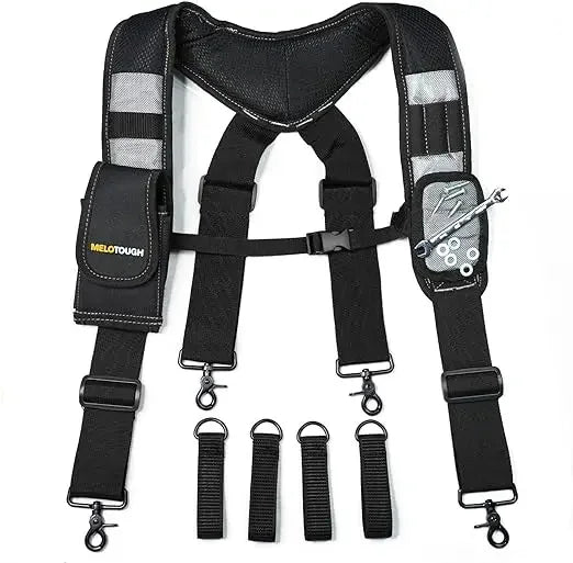 Black magnetic tool belt suspenders with phone holder for securing tools.