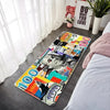 A colorful banknote pattern anti-slip soft floor mat placed on a gray floor next to a white window and bedding.