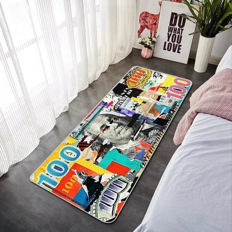 A colorful banknote pattern anti-slip soft floor mat placed on a gray floor next to a white window and bedding.