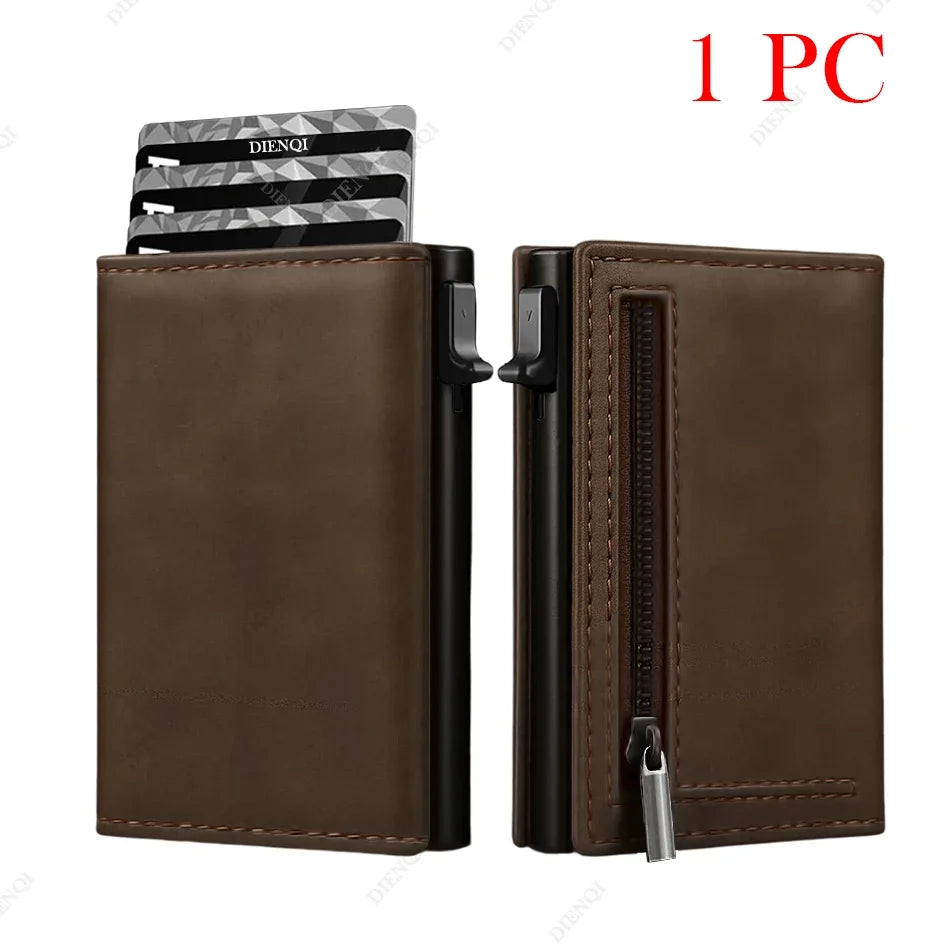 A brown leather pop-up wallet with a card holder and zipper visible.