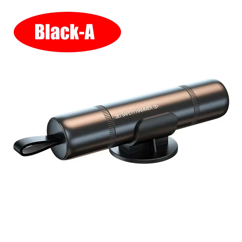 A black emergency hammer tool with a seat belt cutter and window breaker function.