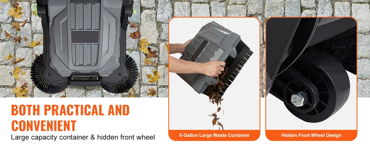 A large capacity waste container and hidden front wheel design for a walk-behind push floor sweeper.