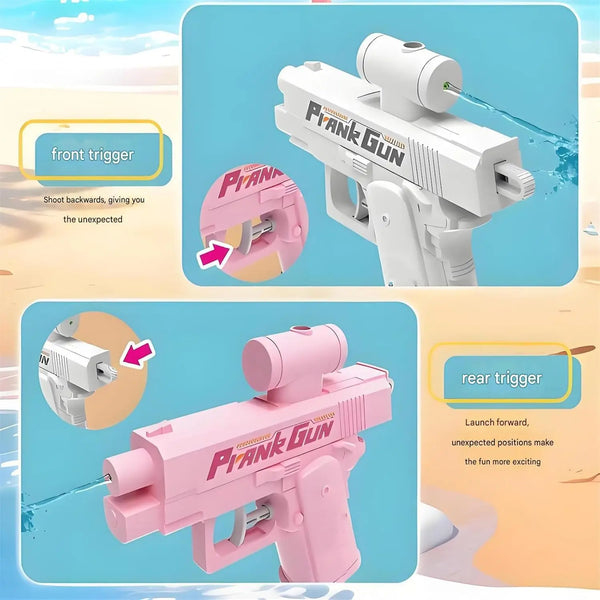 Pinker Streichgewehr-Wasserpistole mit vorderem und hinterem Abzug, die ihre zweidirektionale Funktion zeigt.