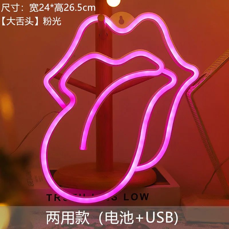 A glowing pink neon sign shaped like lips mounted on a wooden stand for decoration