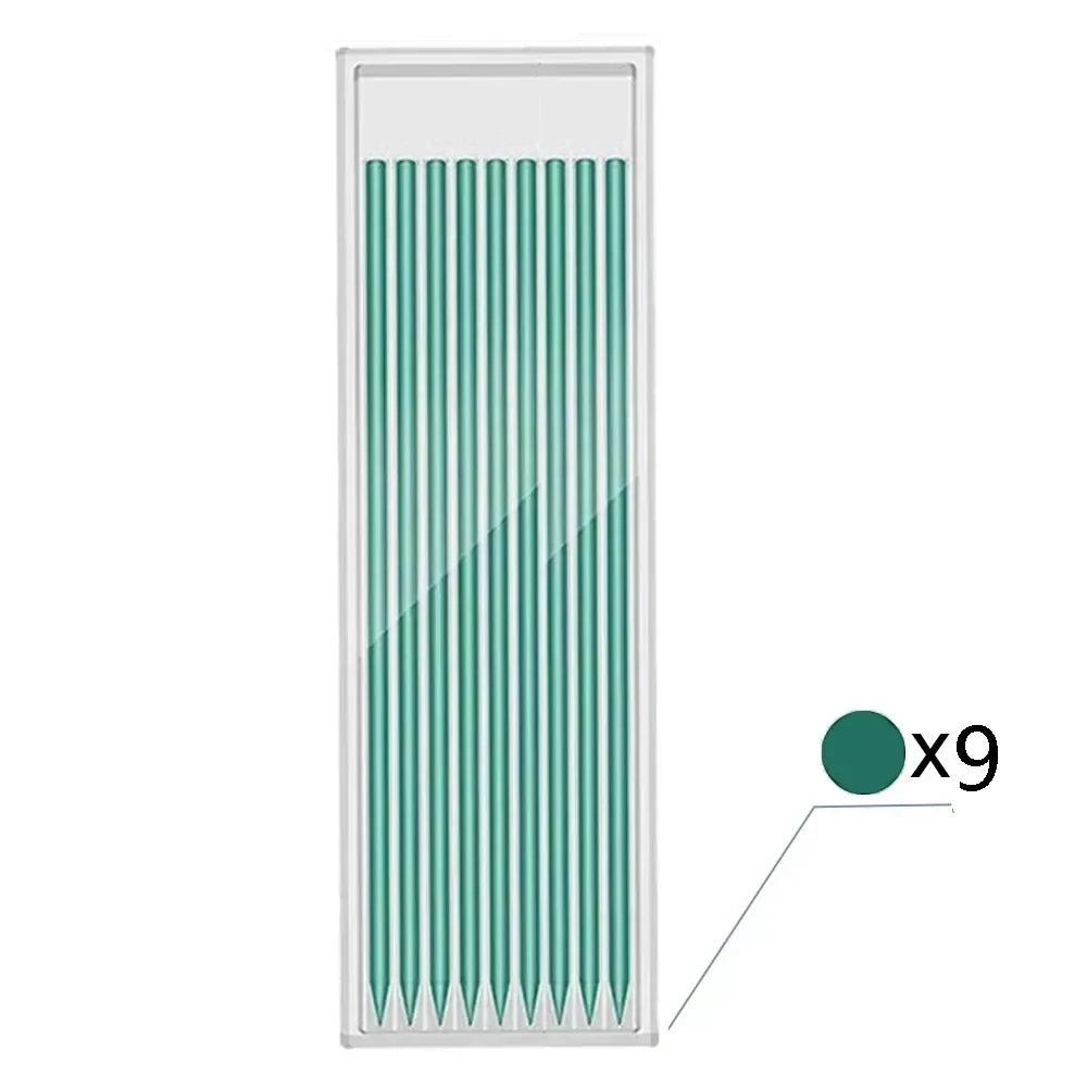A vertical view of a mechanical carpenter pencil with built-in sharpener, showing nine parallel pencils.