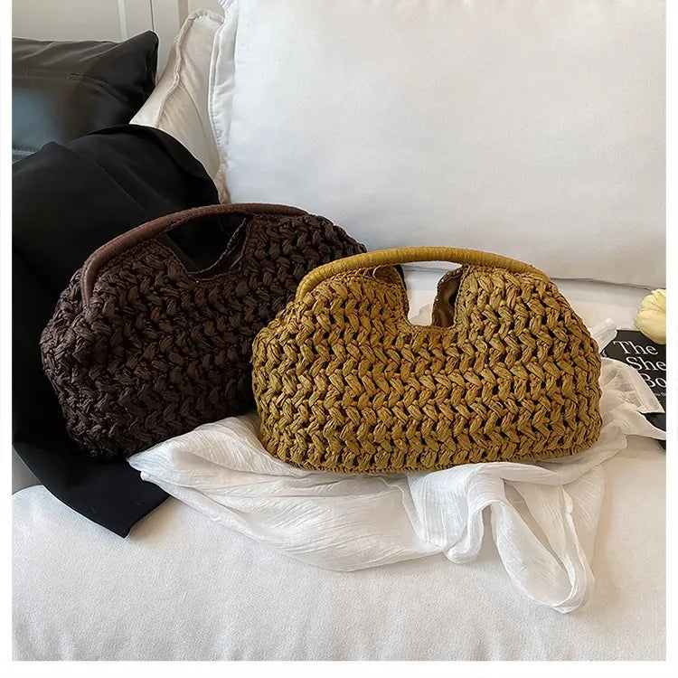 Handwoven Straw Tote Bag with Zipper