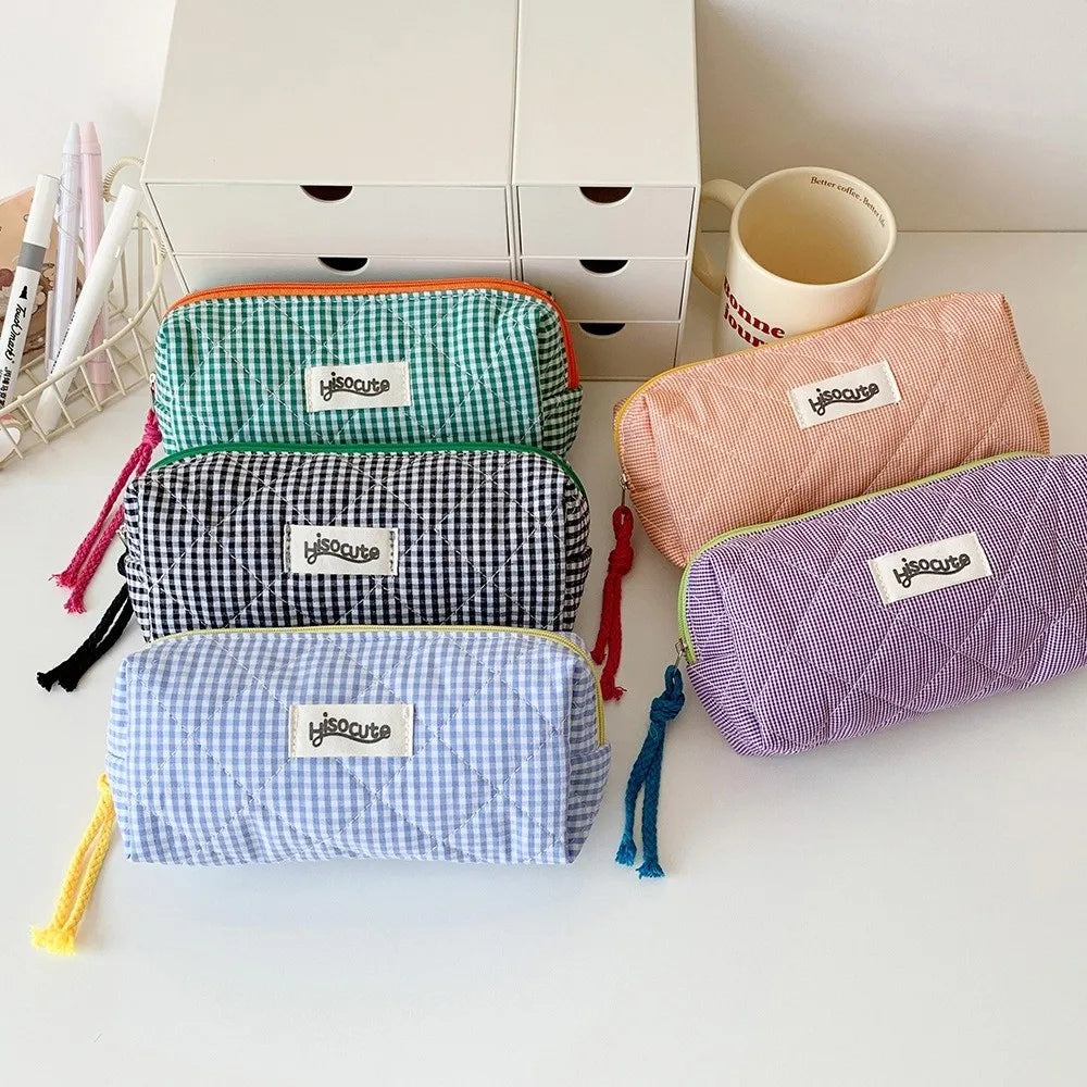 Checkered Pencil Case – Large Capacity Storage Bag for School & Office